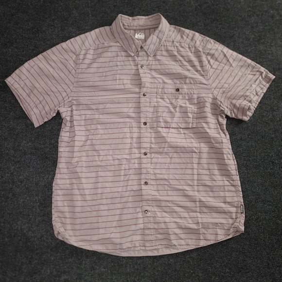 REI‎ Co-op Striped Button Up Shirt Short Sleeve Hiking Outdoors Mens Large - Picture 1 of 9